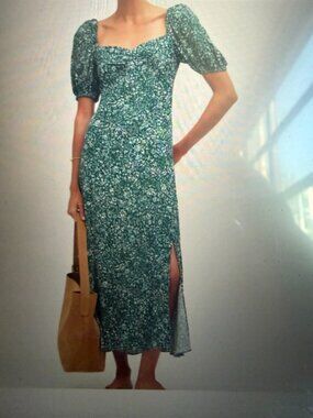 Madewell Short-Sleeve Midi Spring Dress - Green with Floral Pattern